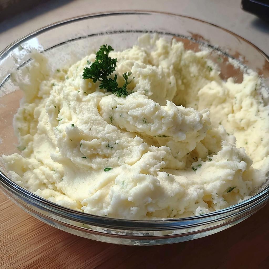 A close-up of fluffy, creamy mashed potatoes recipe in a glass bowl, garnished with fresh parsley.