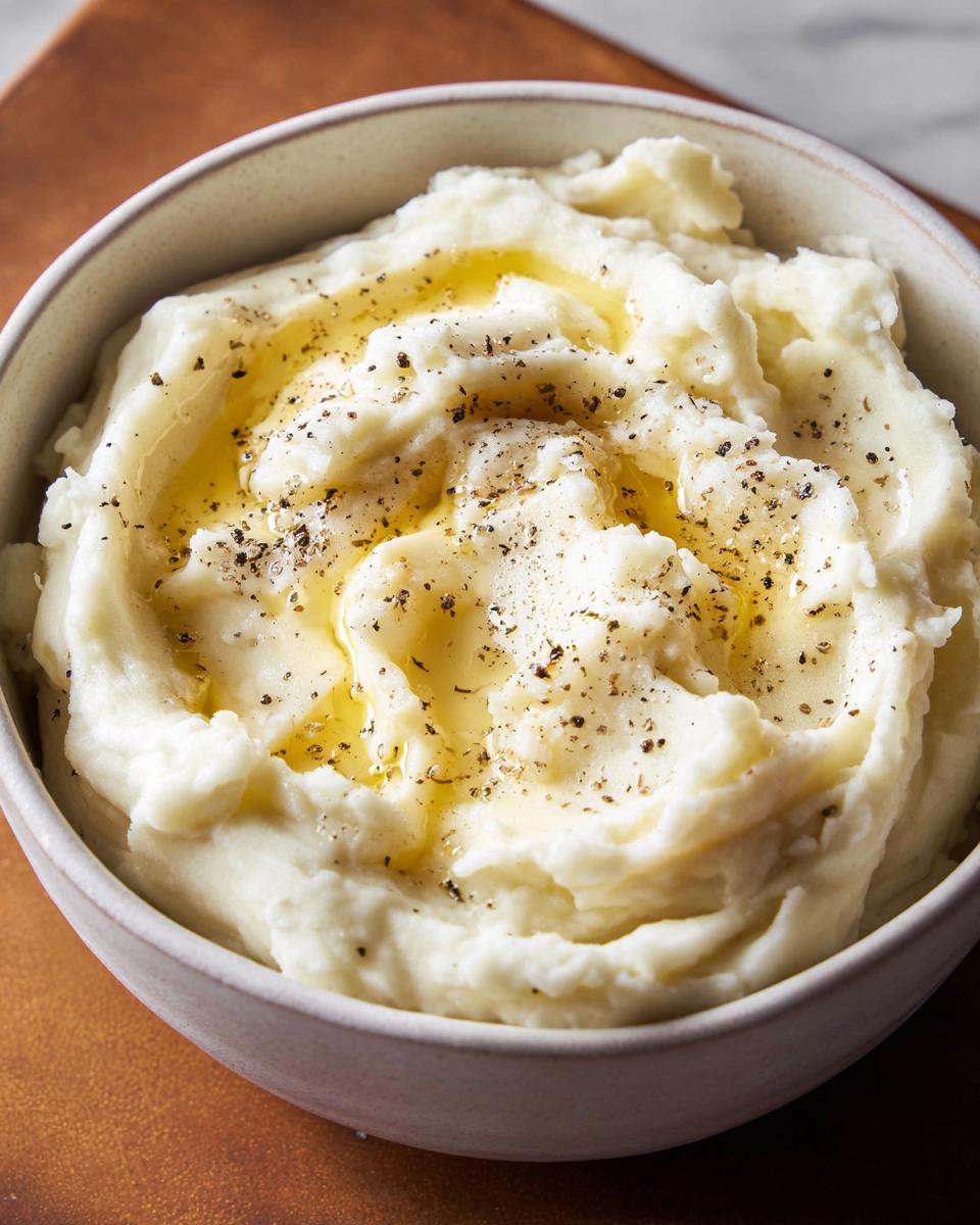 A close-up of a bowl of creamy mashed potatoes recipe, topped with melted butter and cracked black pepper.