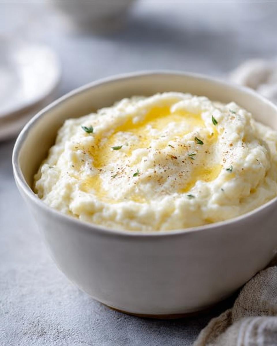 A bowl of creamy mashed potatoes topped with melted butter and herbs, perfect for meal prep.