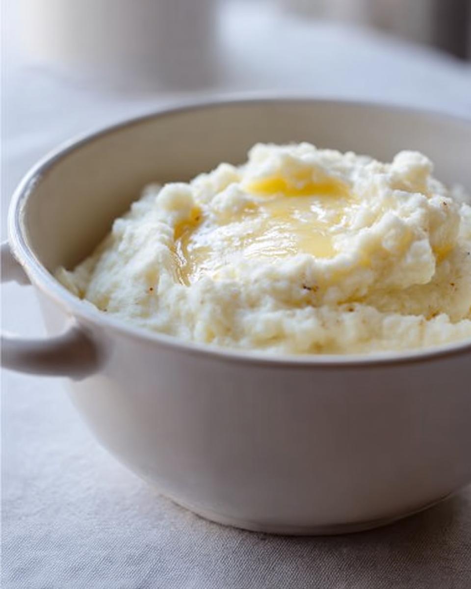 A close-up of creamy mashed potatoes in a white bowl, topped with melted butter, perfect for mashed potatoes recipes meal prep.