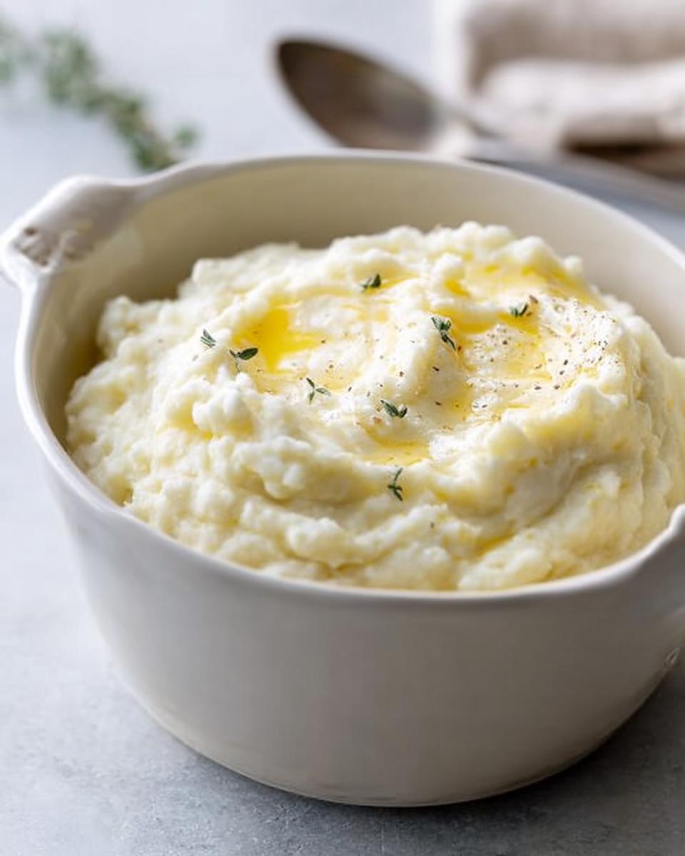A bowl of creamy mashed potatoes, topped with melted butter and fresh thyme, perfect for meal prep.