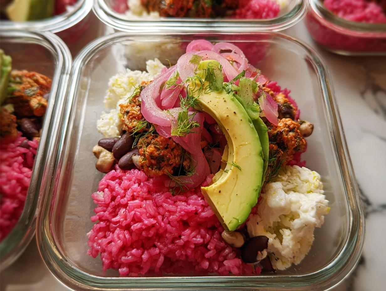 Close-up of a meal prep container filled with vibrant pink rice, kidney beans, crumbled white cheese, falafel-like patties, avocado slices, and pickled red onions.