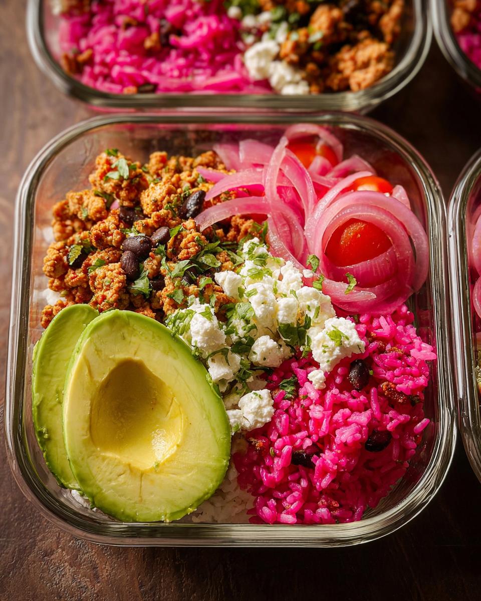 Close-up of a meal prep container filled with rice bowls recipes: white rice, pink rice, seasoned ground meat, black beans, feta cheese, pickled onions, cherry tomatoes, and avocado slices.