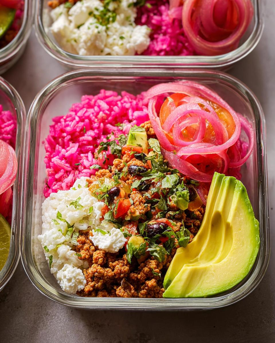 Close-up of a meal prep container filled with colorful rice bowls recipes, featuring ground meat, pink rice, avocado, and pickled onions.