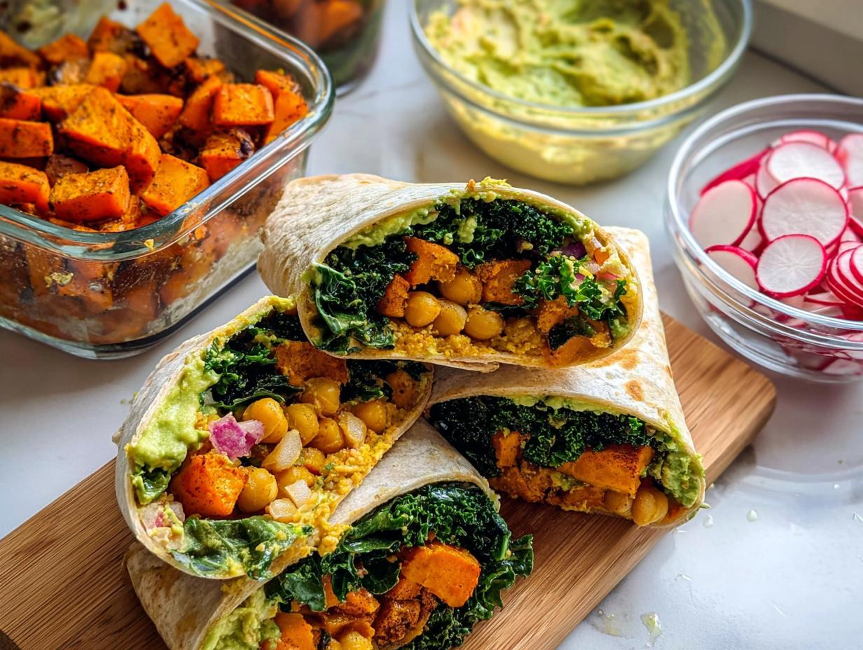 Close-up of a hearty wrap filled with roasted sweet potato, chickpeas, kale, and avocado, perfect for meal prep sandwich ideas.