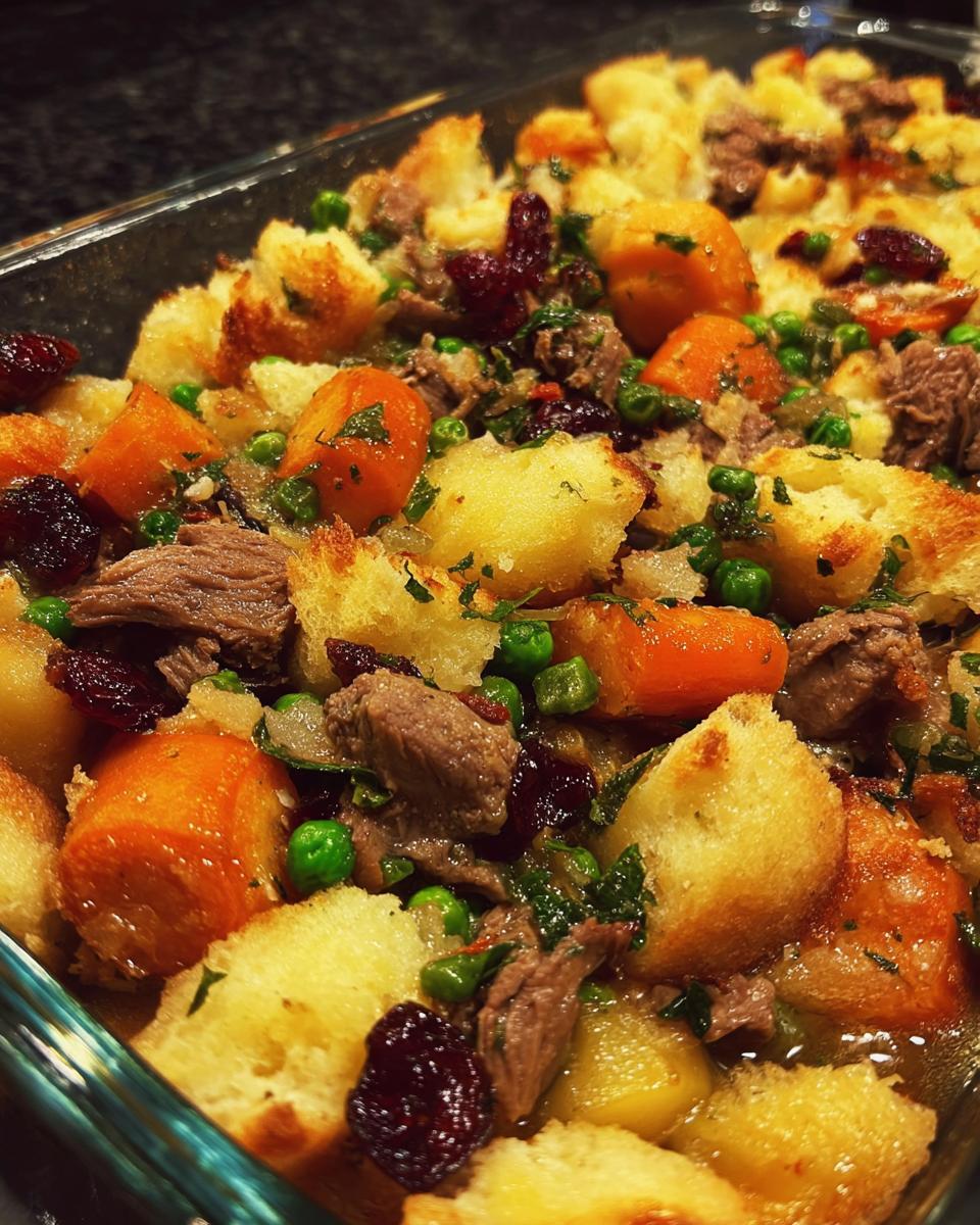 Close-up of a savory meat and vegetable stuffing recipe with bread cubes, beef, carrots, peas, and cranberries.