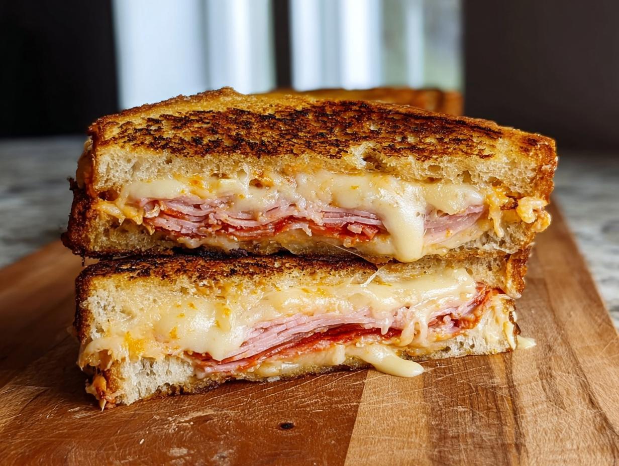 A close-up of a grilled sandwich cut in half, revealing layers of melted cheese, ham, and pepperoni.