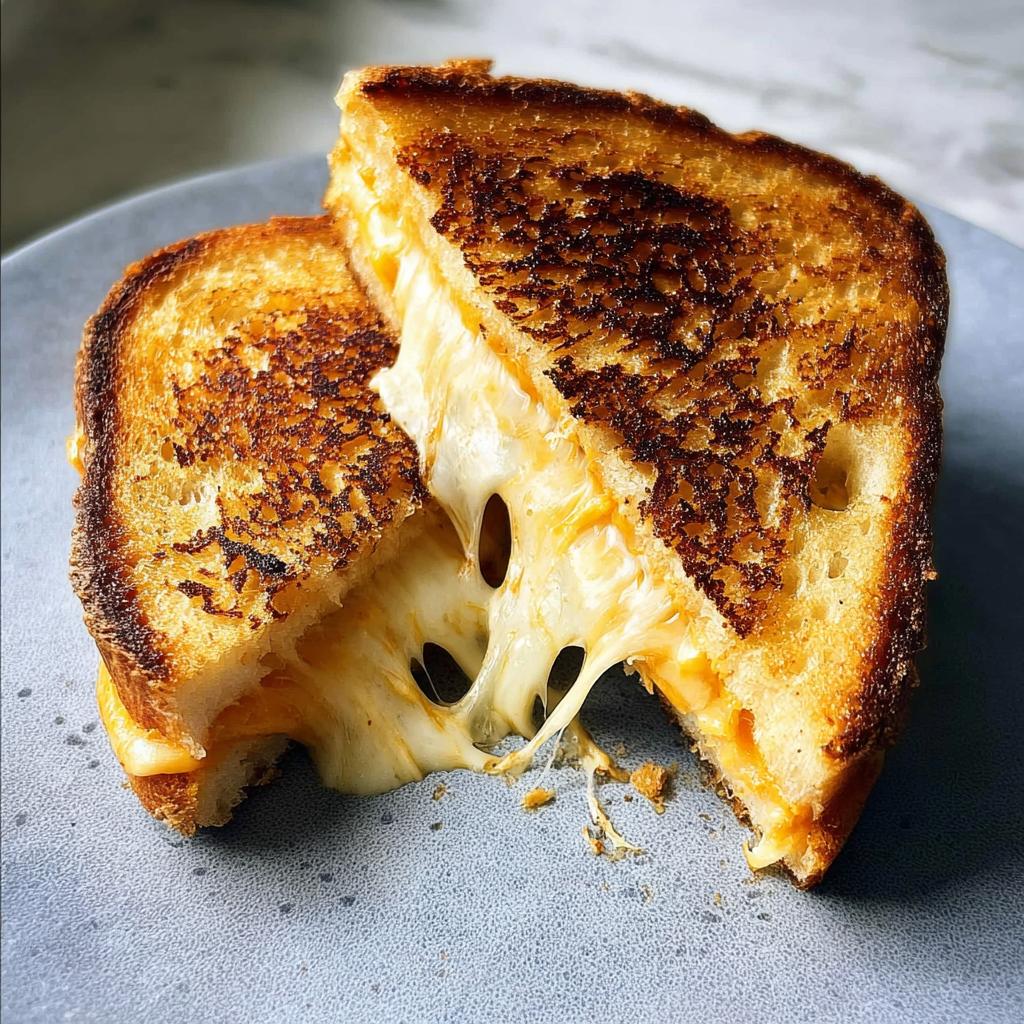 Close-up of a perfectly grilled cheese sandwich, oozing with melted cheese.