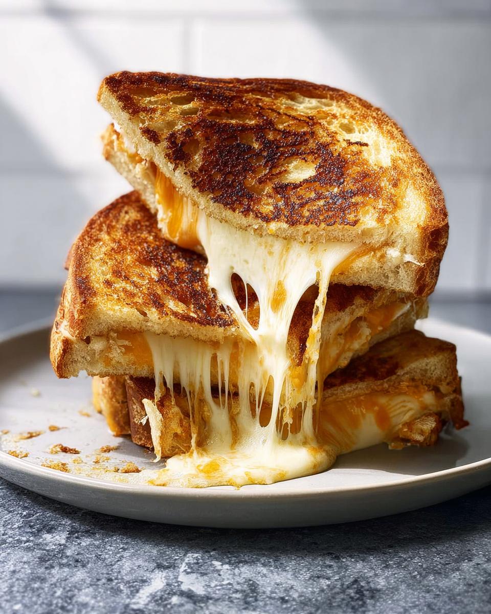 A stack of golden-brown grilled cheese sandwiches with gooey, melted cheese dripping out.
