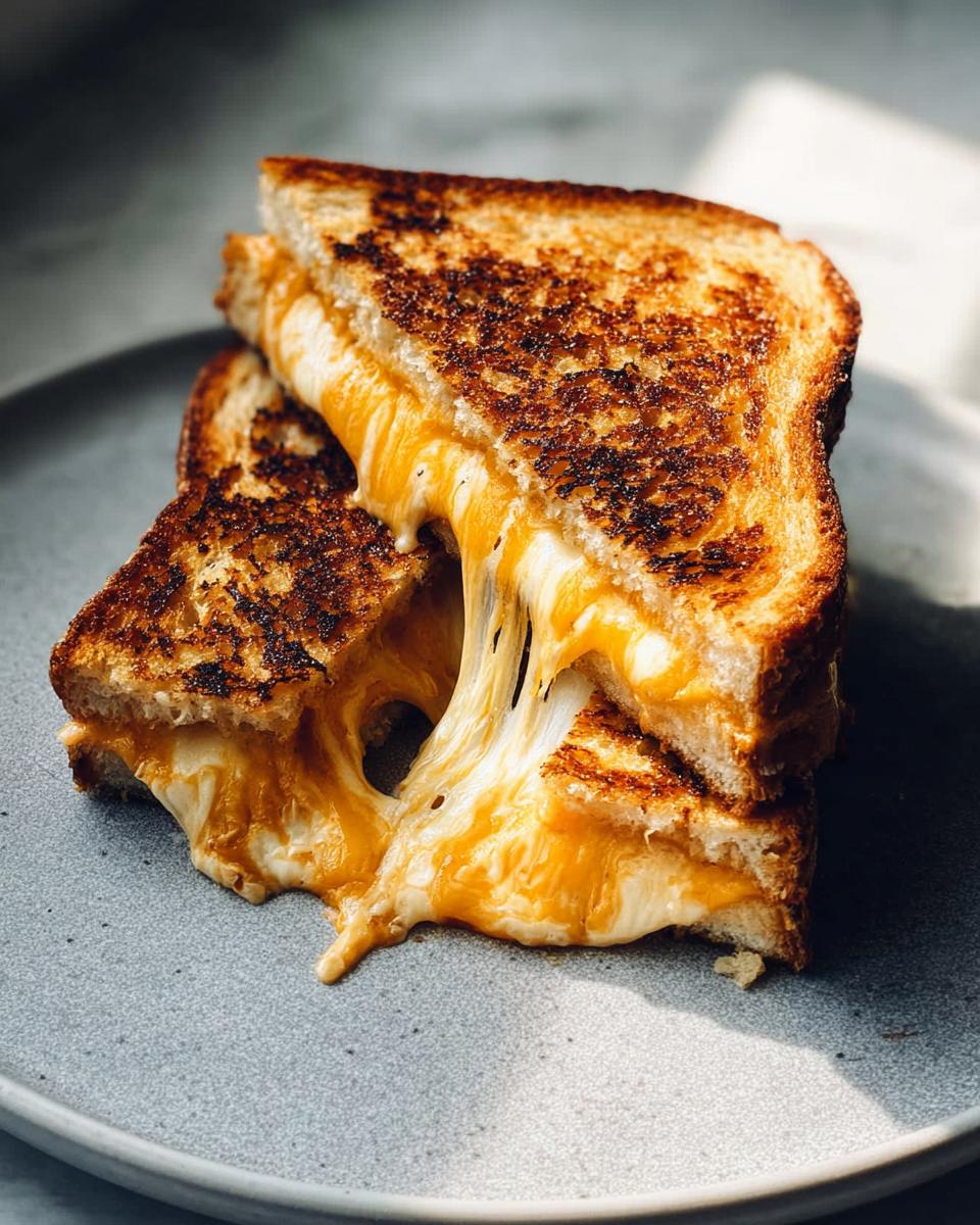 A close-up of two halves of a grilled cheese sandwich with gooey, melted cheese stretching between them.