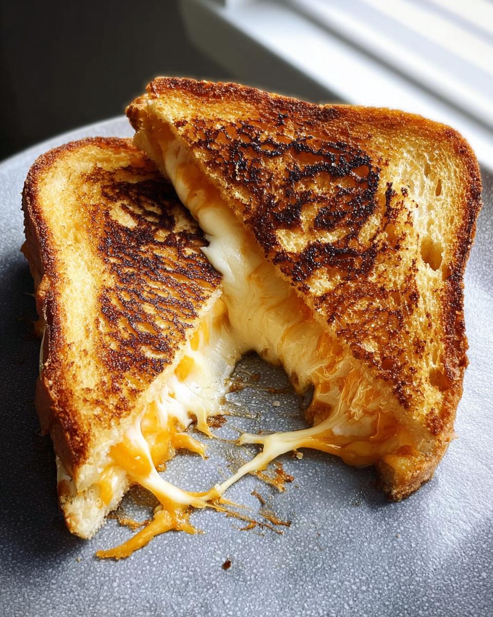 A close-up of a perfectly grilled cheese recipe sandwich, oozing with melted cheese.