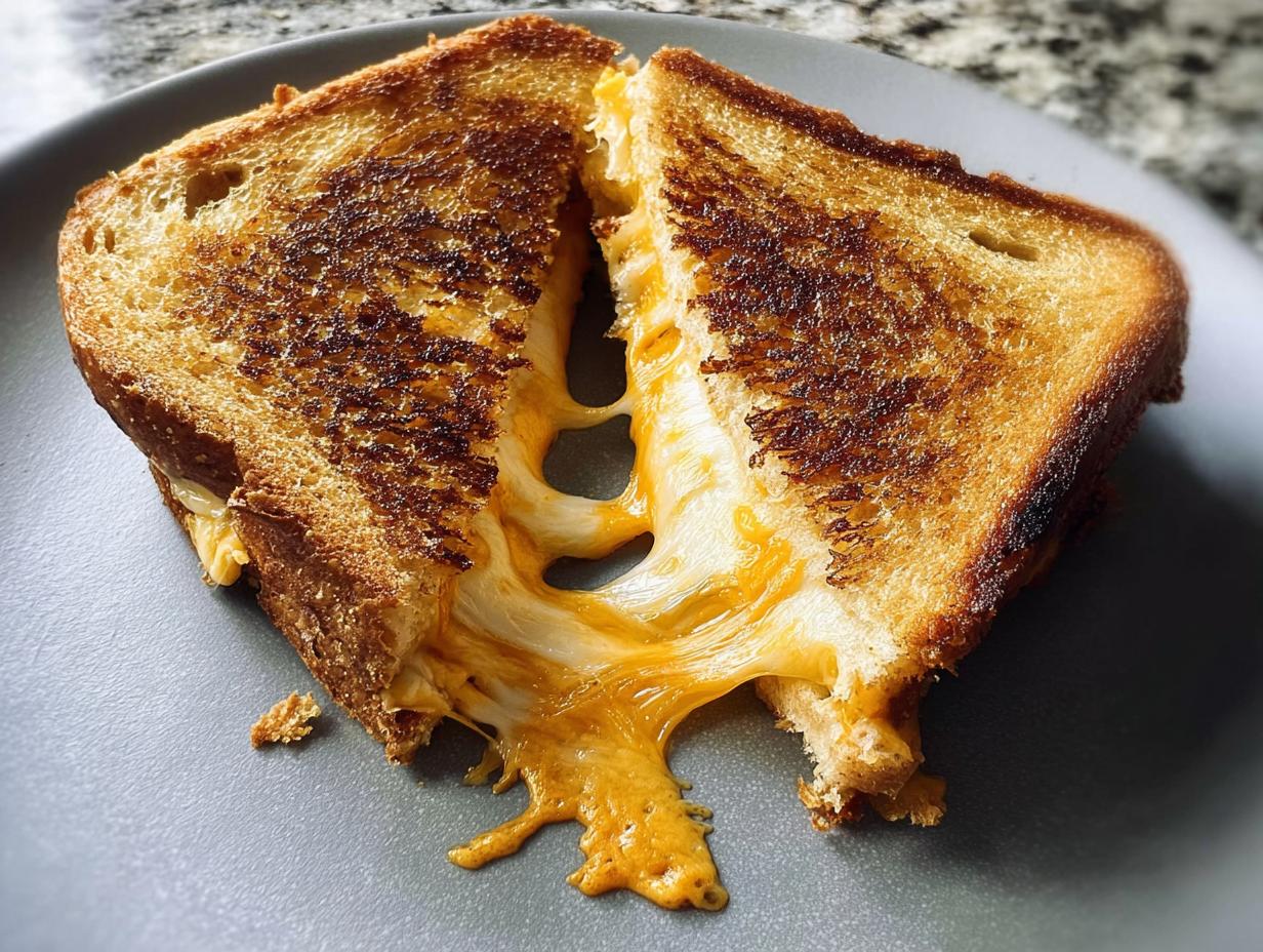 A close-up of a perfectly grilled cheese sandwich, cut in half, with gooey melted cheese stretching out.