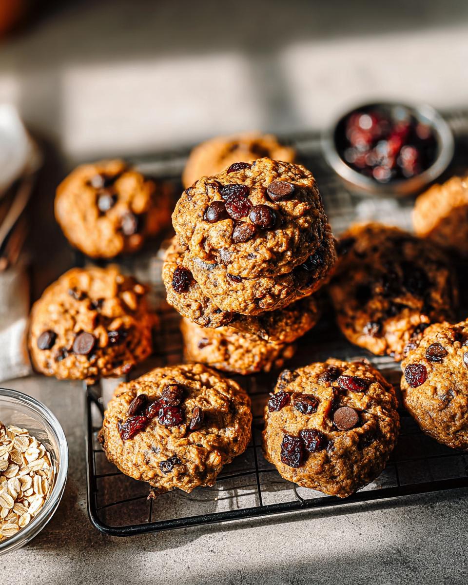 Stack of delicious oatmeal cookies with chocolate chips and dried cranberries, perfect for breakfast ideas recipes.