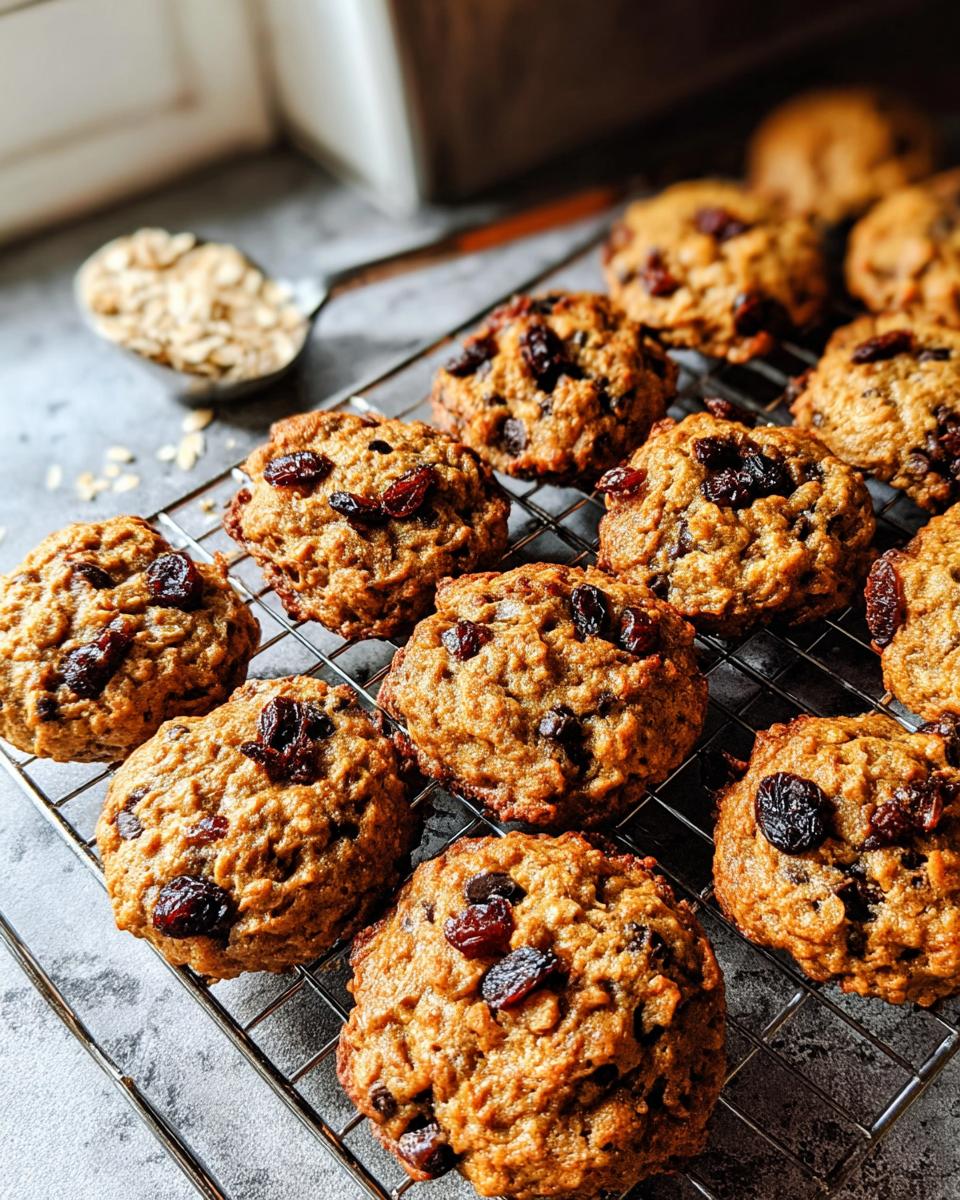 Close-up of freshly baked oatmeal cranberry cookies cooling on a wire rack, part of quick breakfast ideas recipes.