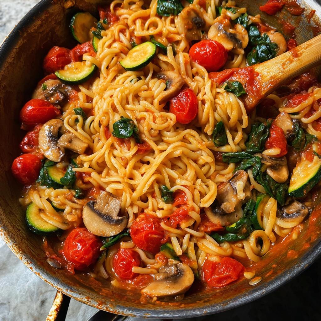 A close-up of a one-pot pasta dish with noodles, cherry tomatoes, mushrooms, zucchini, and spinach in a tomato sauce.