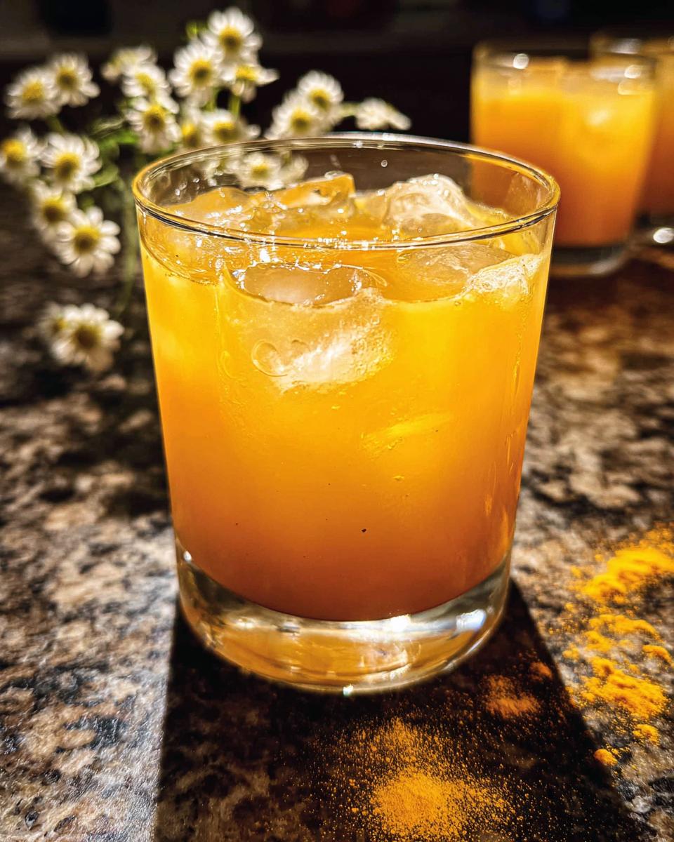 A refreshing orange turmeric drink with ice, garnished with chamomile flowers, perfect for Restaurant-Style Healthy Meals Recipes at Home.