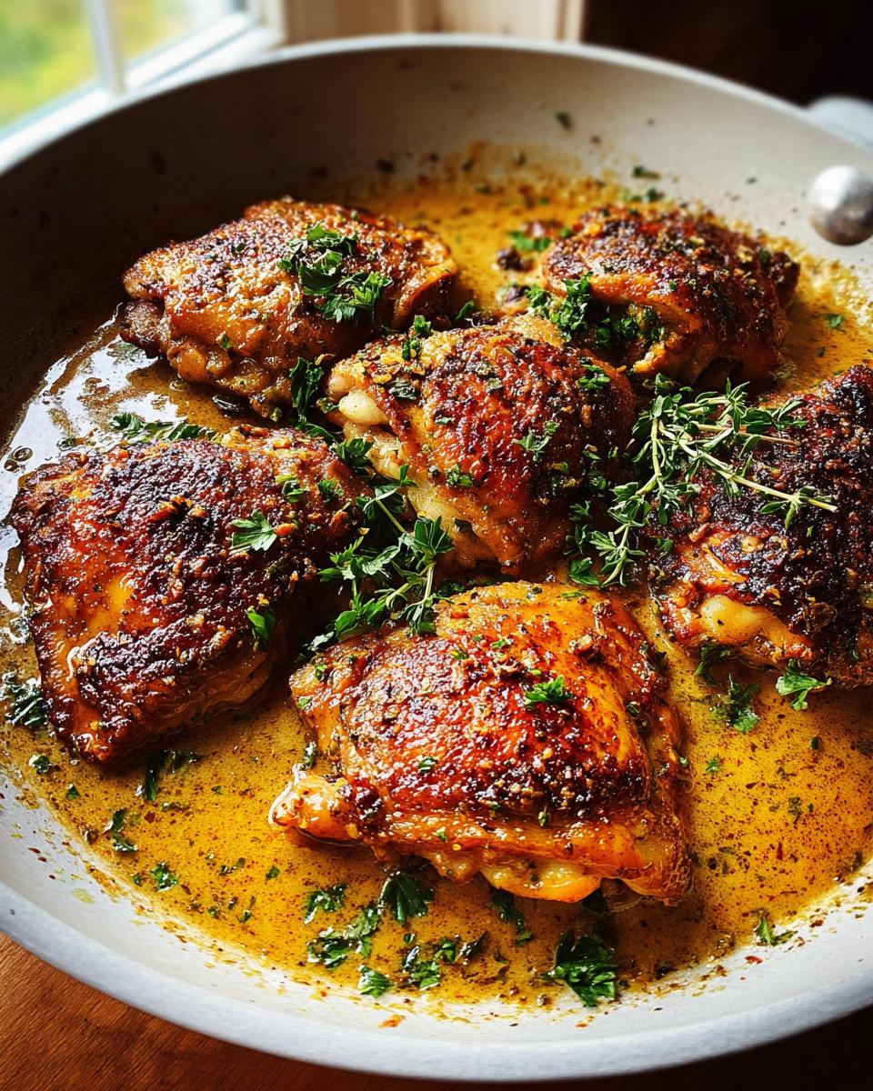 Five perfectly pan-seared chicken thighs in a skillet with a rich, buttery sauce and fresh herbs.