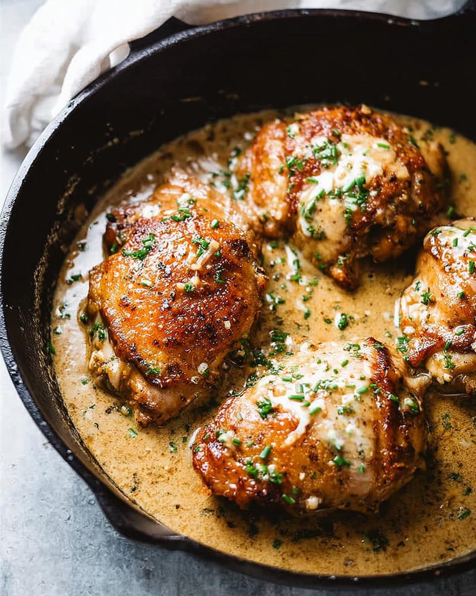 Close-up of pan-seared chicken thighs in a creamy sauce, garnished with fresh chives. A perfect recipe from The Ultimate Chicken Thigh Recipes Guide for Beginners.