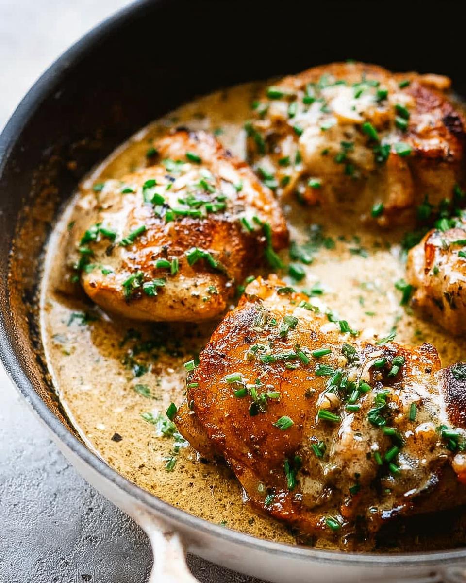 Close-up of pan-seared chicken thighs in a creamy sauce, garnished with fresh chives. A perfect beginner chicken thigh recipe.