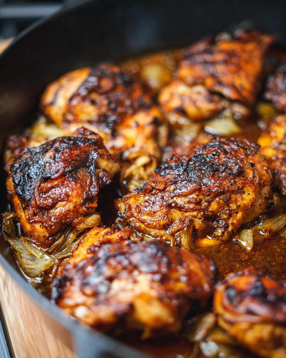 Close-up of juicy, pan-seared chicken thighs with crispy skin, nestled with caramelized onions in a cast-iron skillet.