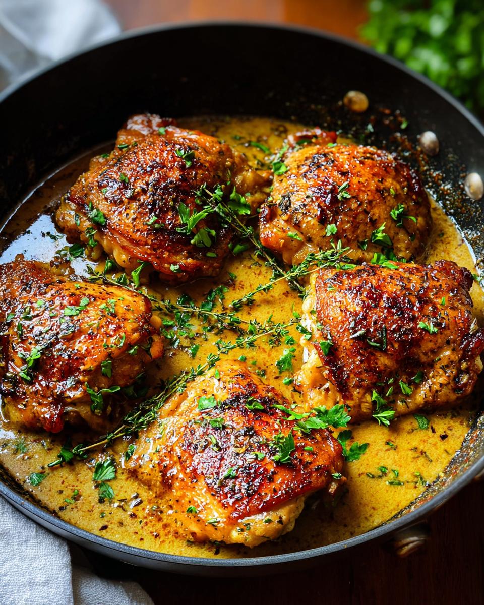 Close-up of pan-seared chicken thighs in a rich sauce, garnished with fresh herbs. A perfect quick chicken thigh recipe.