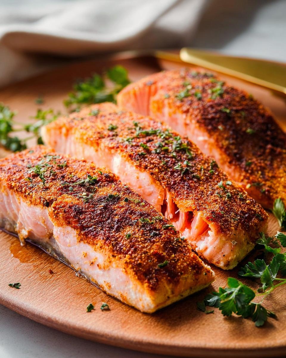 Three perfectly cooked salmon fillets with a crispy, seasoned crust, garnished with fresh parsley.