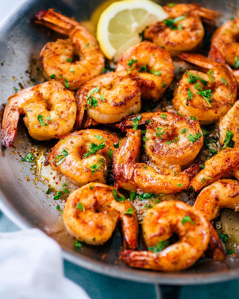Close-up of perfectly pan-seared shrimp with spices and herbs in a skillet, with a lemon wedge.