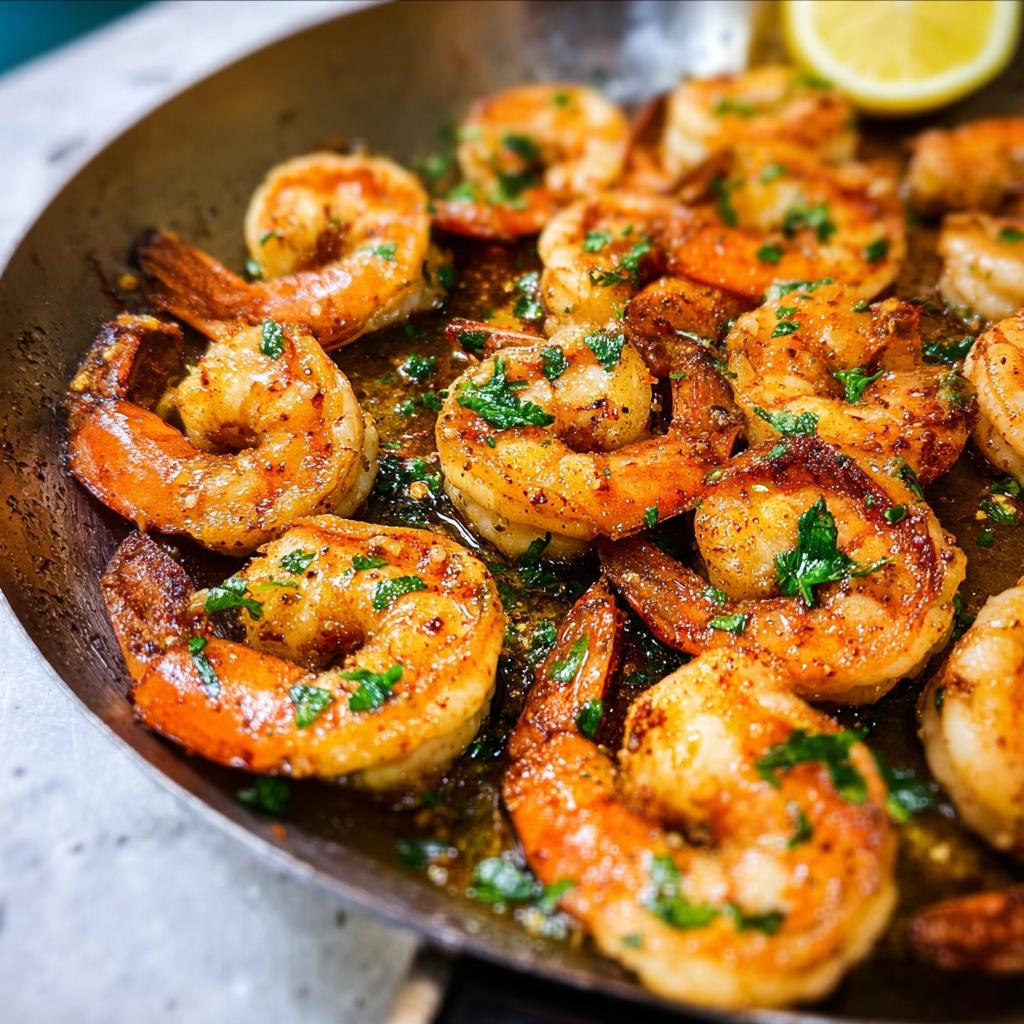 Close-up of juicy, pan-seared shrimp in a skillet, seasoned and garnished with parsley. Part of The Ultimate Shrimp Recipes Guide.