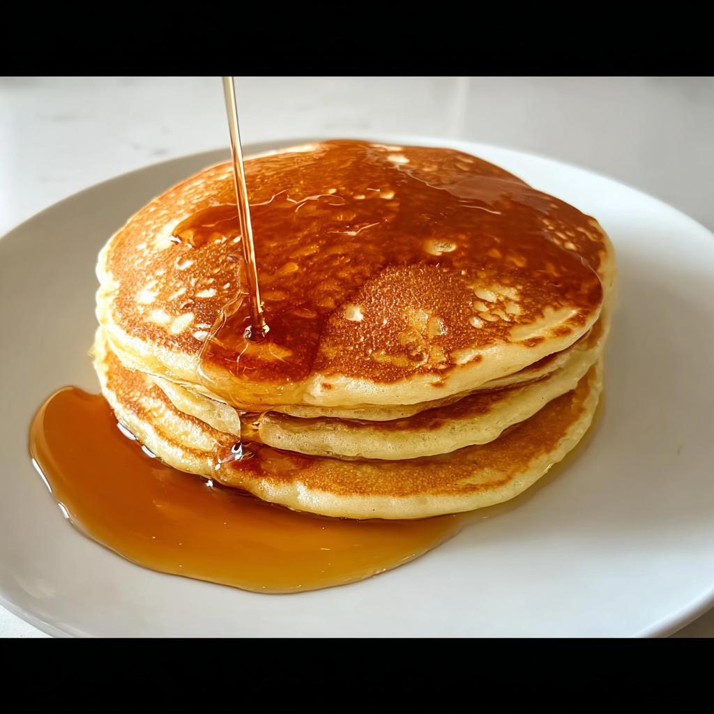 Stack of fluffy pancakes being drizzled with golden maple syrup, a perfect breakfast idea.