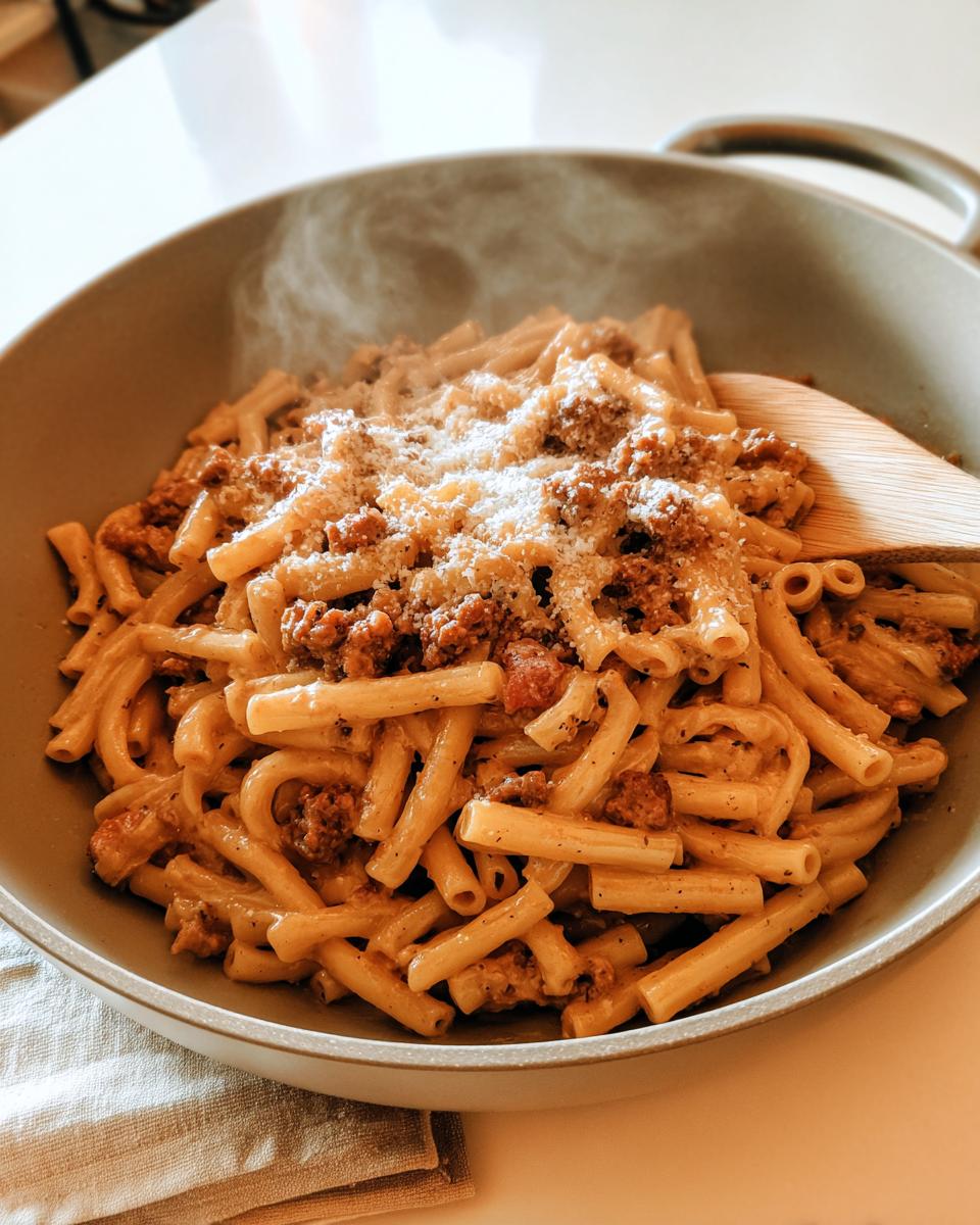 A steaming bowl of pasta with meat sauce and grated cheese, perfect for 20 Genius Pasta Recipes Ideas for Busy Weeknights.