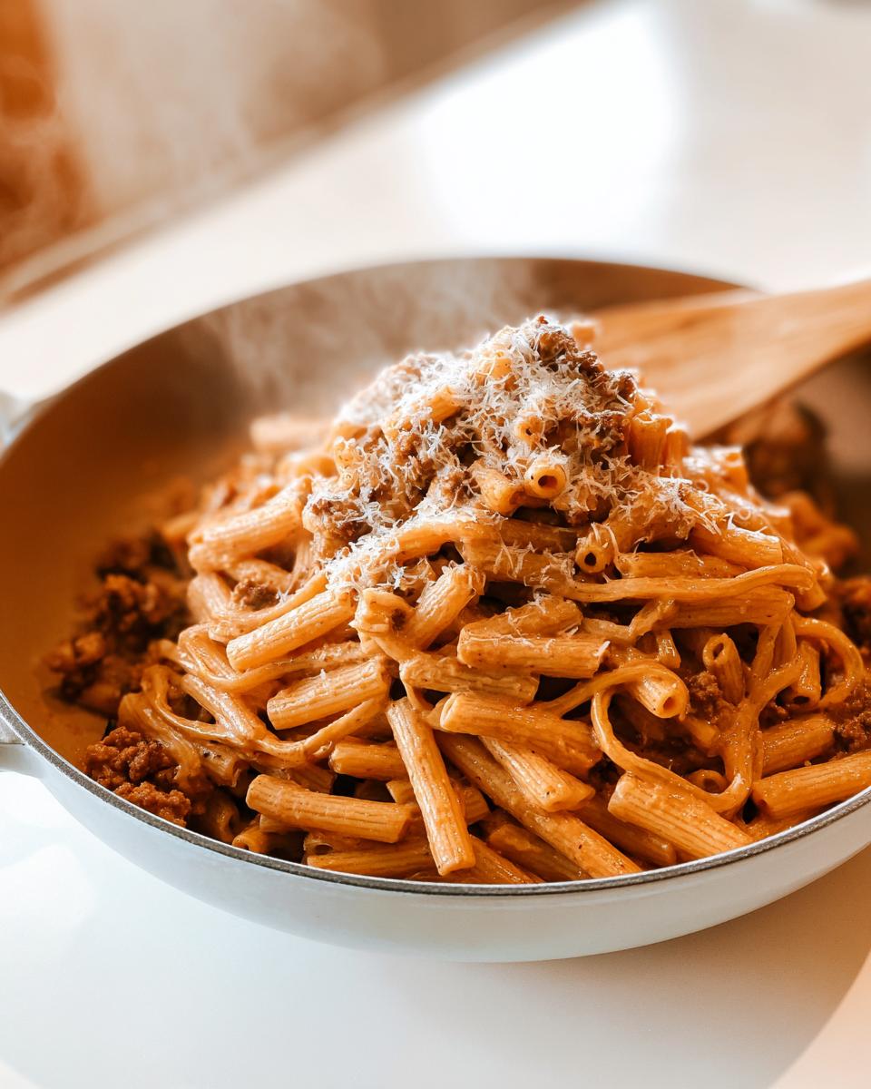 A steaming bowl of rigatoni pasta with a rich meat sauce and grated parmesan cheese, perfect for busy weeknights.
