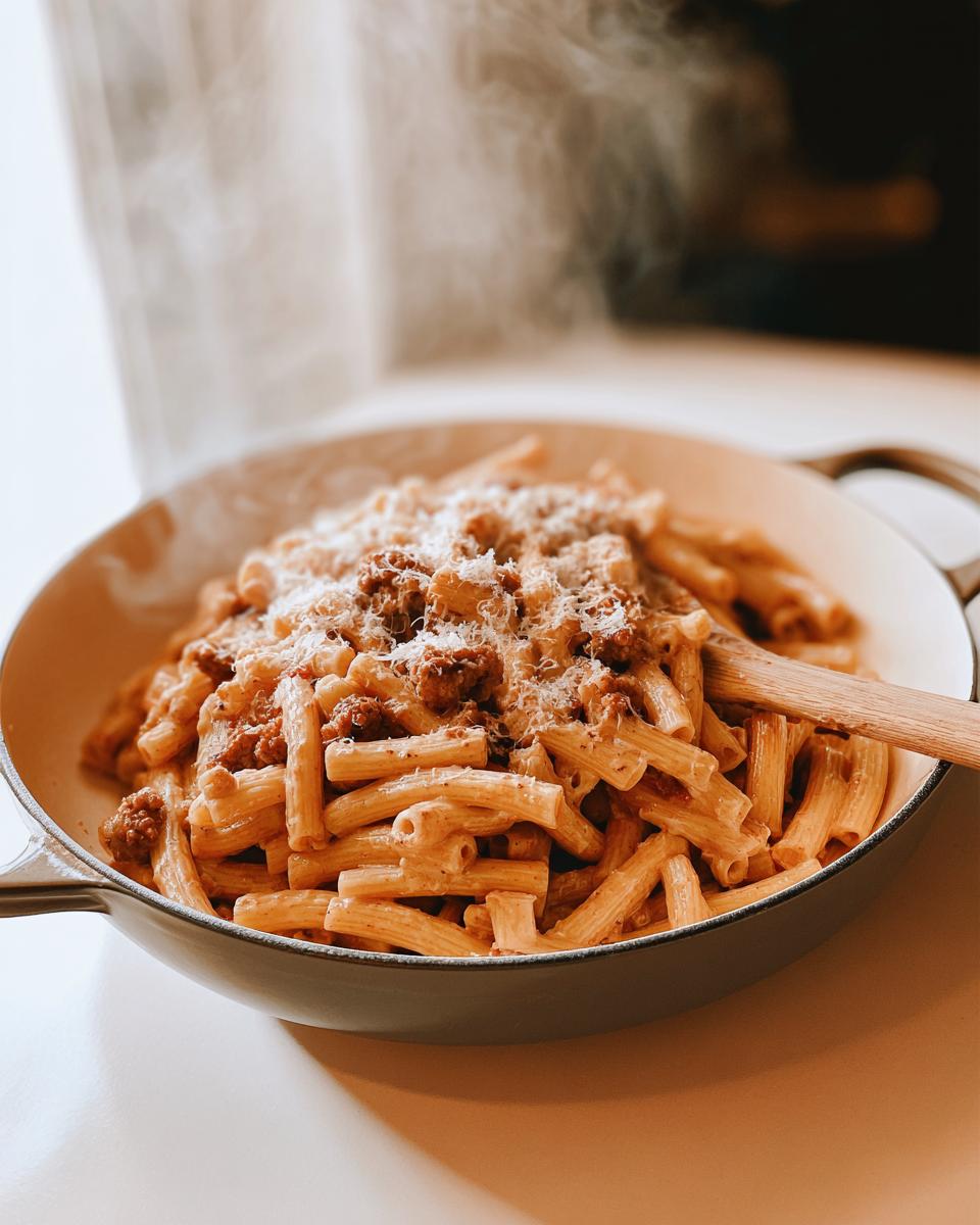 A steaming bowl of rigatoni pasta with a rich meat sauce and grated parmesan cheese, part of 20 Genius Pasta Recipes.