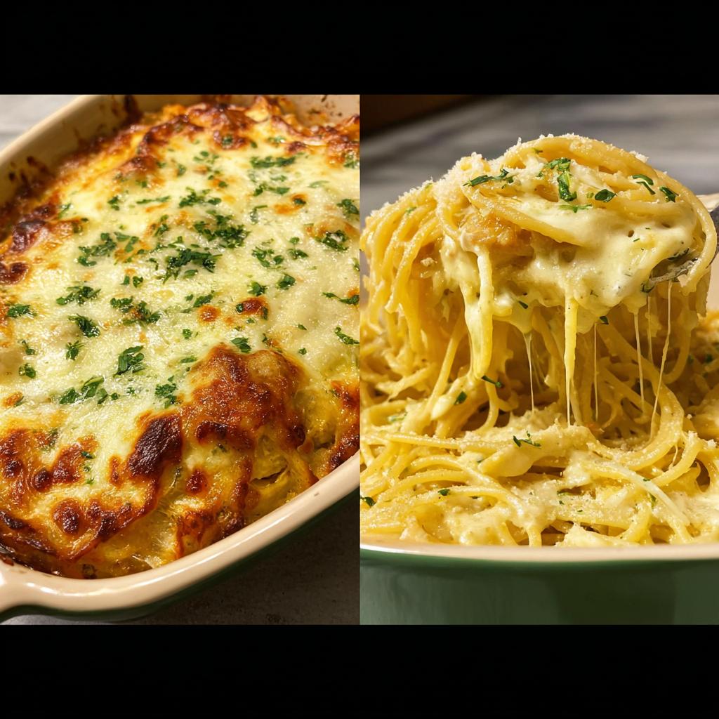 Collage of two pasta dishes: a baked pasta casserole with melted cheese and herbs, and spaghetti with gooey cheese.