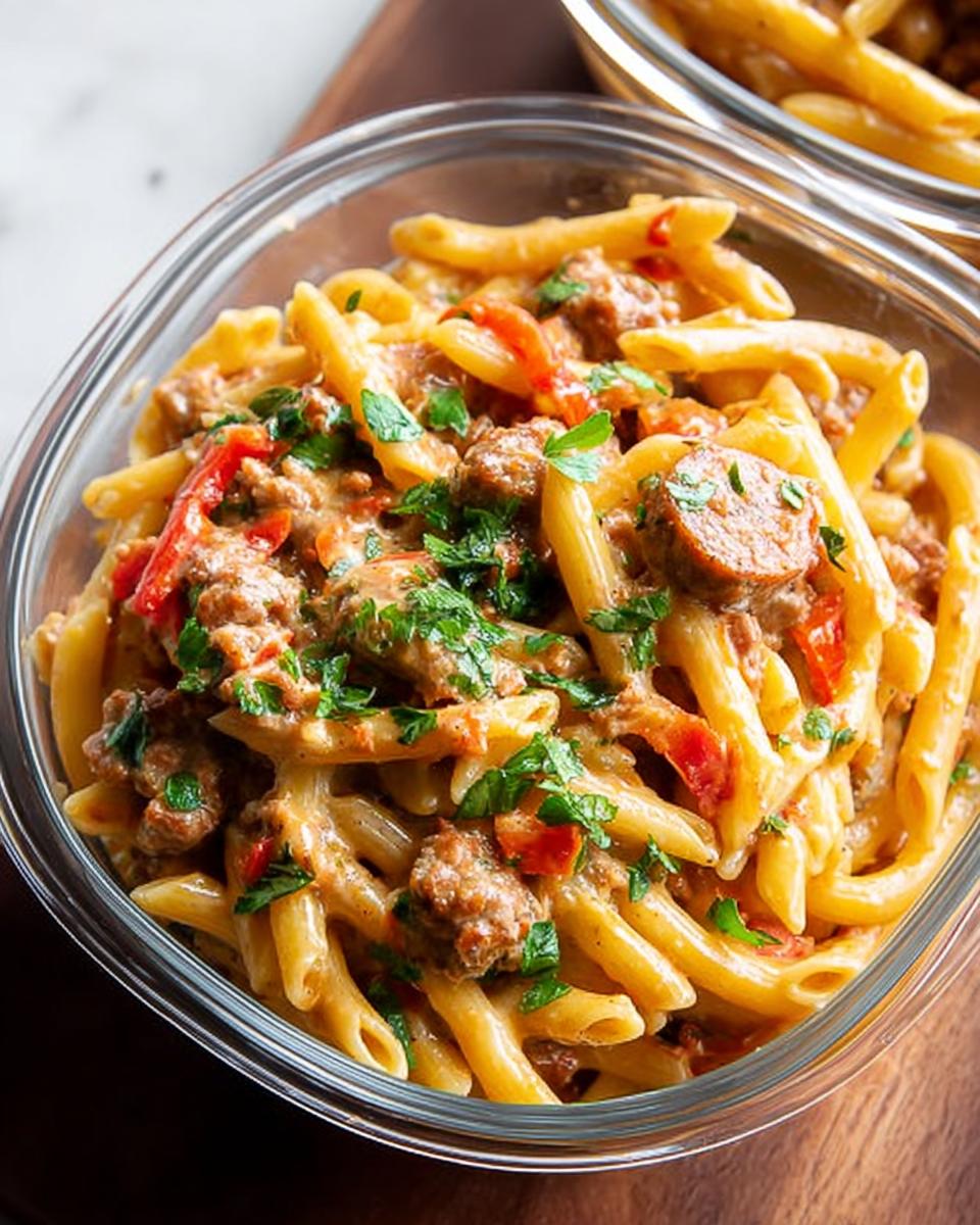 Close-up of penne pasta with creamy sauce, sausage, and red peppers, perfect for pasta recipes meal prep.