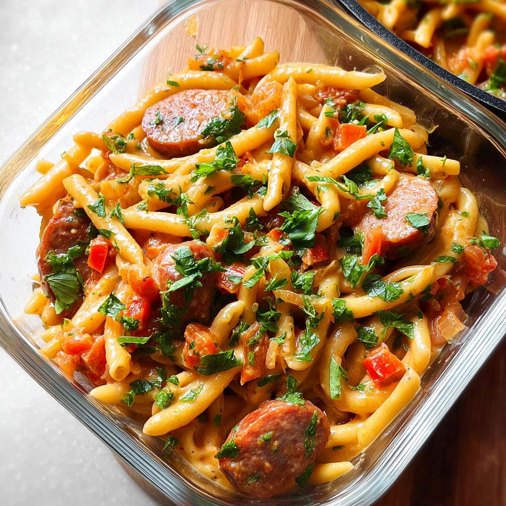 Close-up of pasta recipes meal prep in a glass container, featuring casarecce pasta, sliced sausage, tomatoes, and fresh parsley.