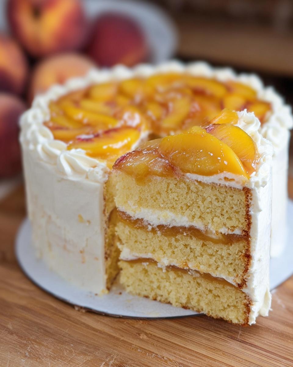 A slice of a three-layer peach cake with white frosting and fresh peach slices on top.