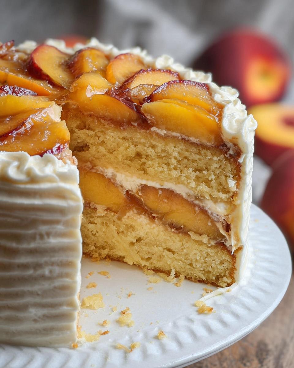A slice of delicious peach cake with layers of sponge, cream, and fresh peaches, part of our cake ideas recipes guide for beginners.