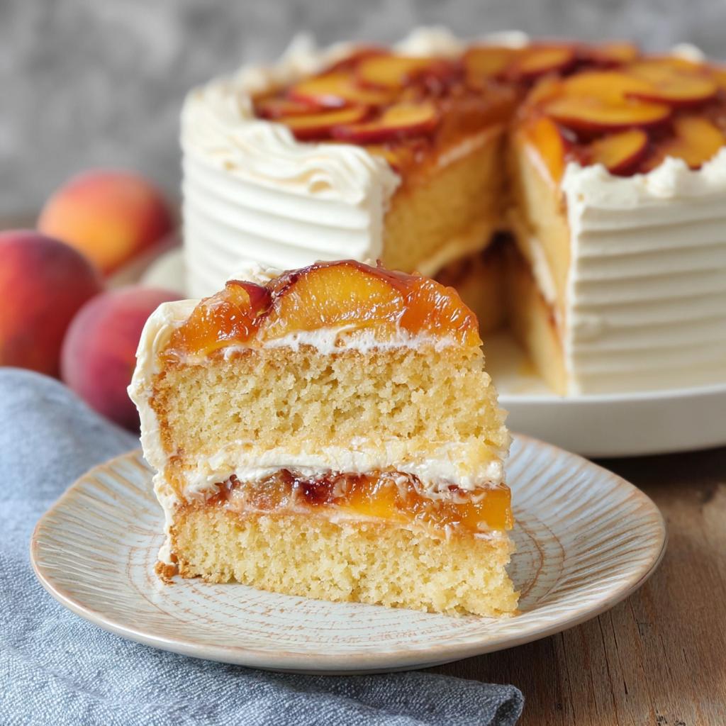 A slice of delicious peach cake with layers of sponge, cream, and fresh peaches, part of the ultimate cake ideas recipes guide for beginners.