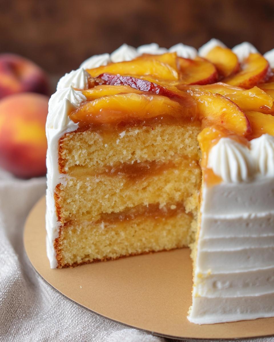 A slice of delicious peach cake with layers of sponge, peach filling, and white frosting. Part of The Ultimate Cake Ideas Recipes Guide for Beginners.