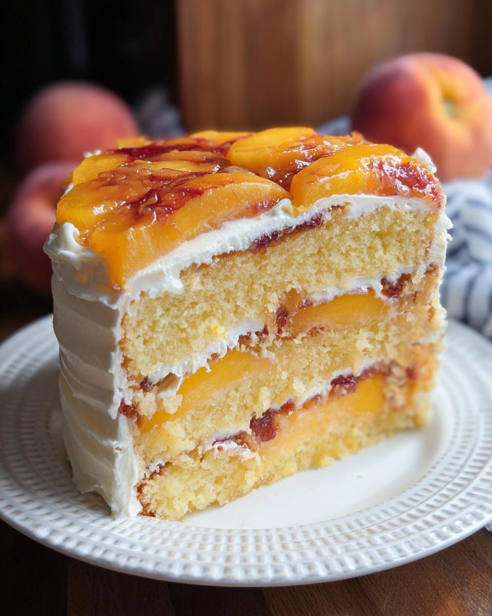 A slice of delicious peach layer cake, featuring fluffy cake layers, creamy frosting, and fresh peach slices.