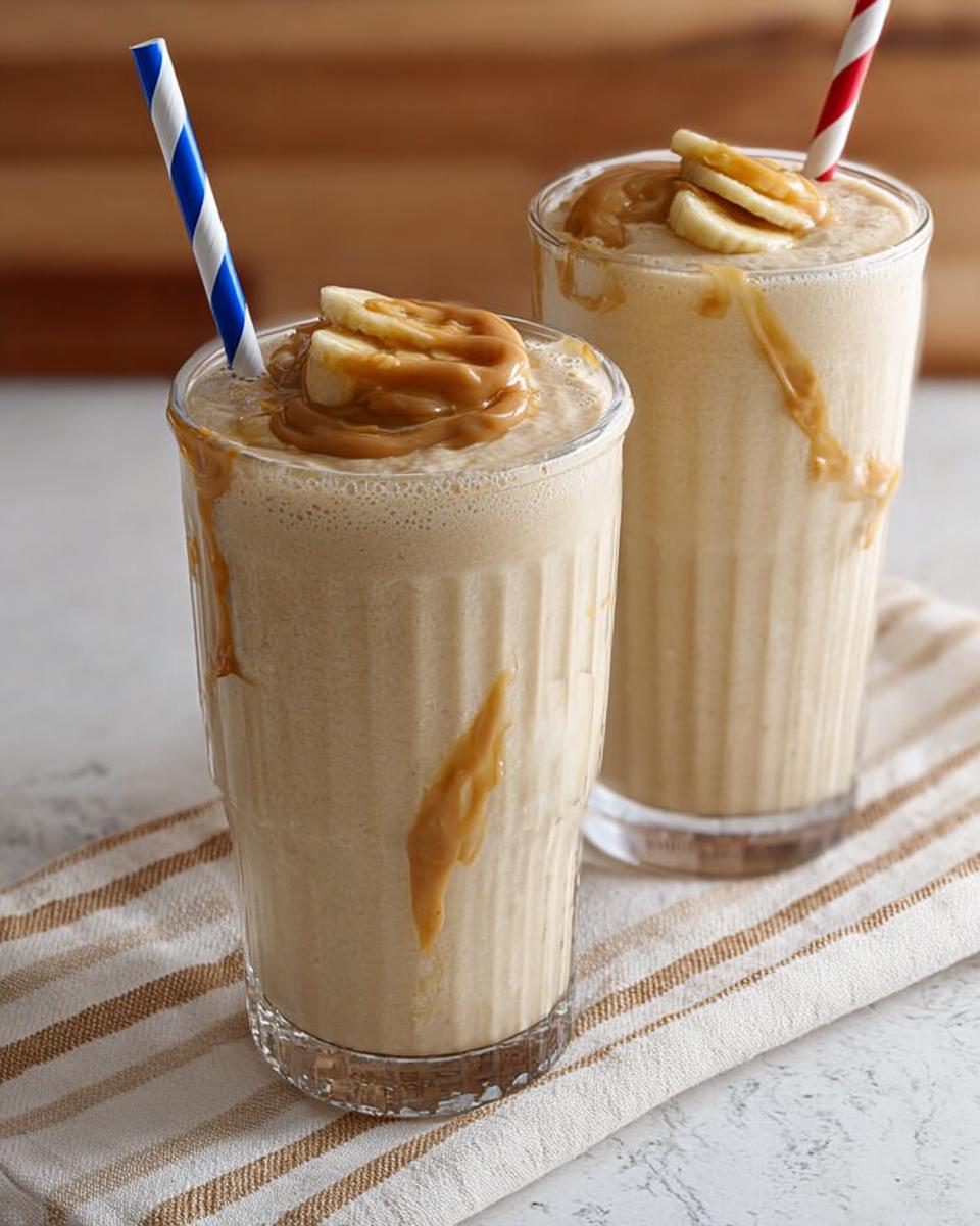Two peanut butter banana smoothies topped with banana slices and peanut butter drizzle, perfect for beginner breakfast ideas.