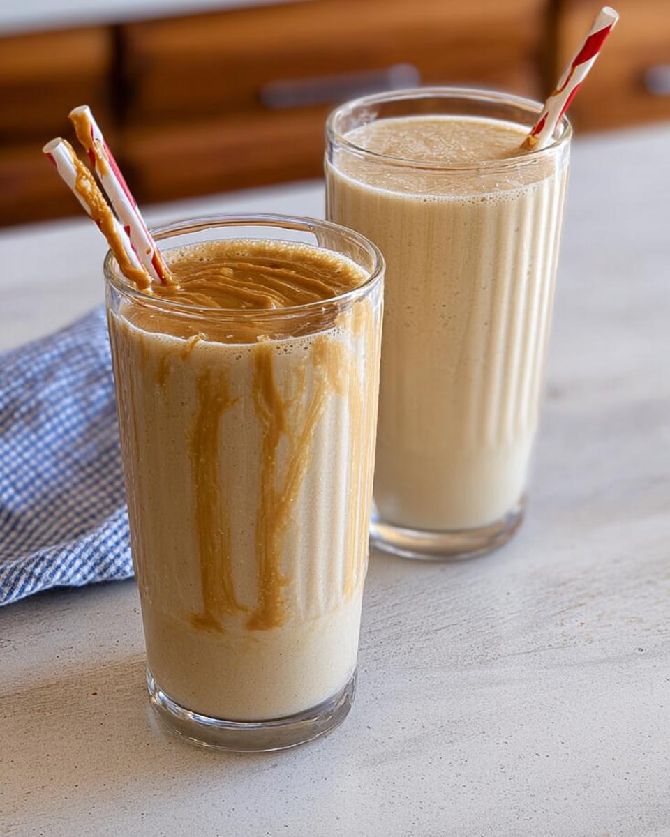 Two glasses of peanut butter smoothie, one with drizzles of peanut butter on the side, perfect for beginner breakfast ideas.