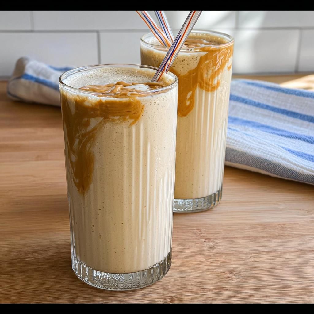Two tall glasses filled with creamy peanut butter smoothies, drizzled with peanut butter, perfect for beginner breakfast ideas.