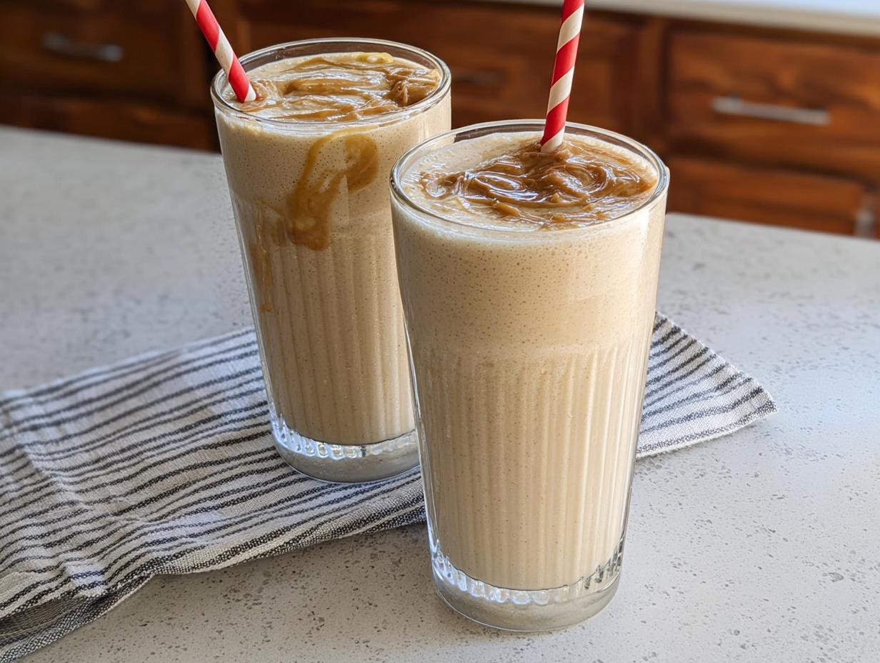 Two tall glasses of creamy peanut butter smoothies, topped with a swirl of peanut butter and striped straws, perfect for beginner breakfast ideas.