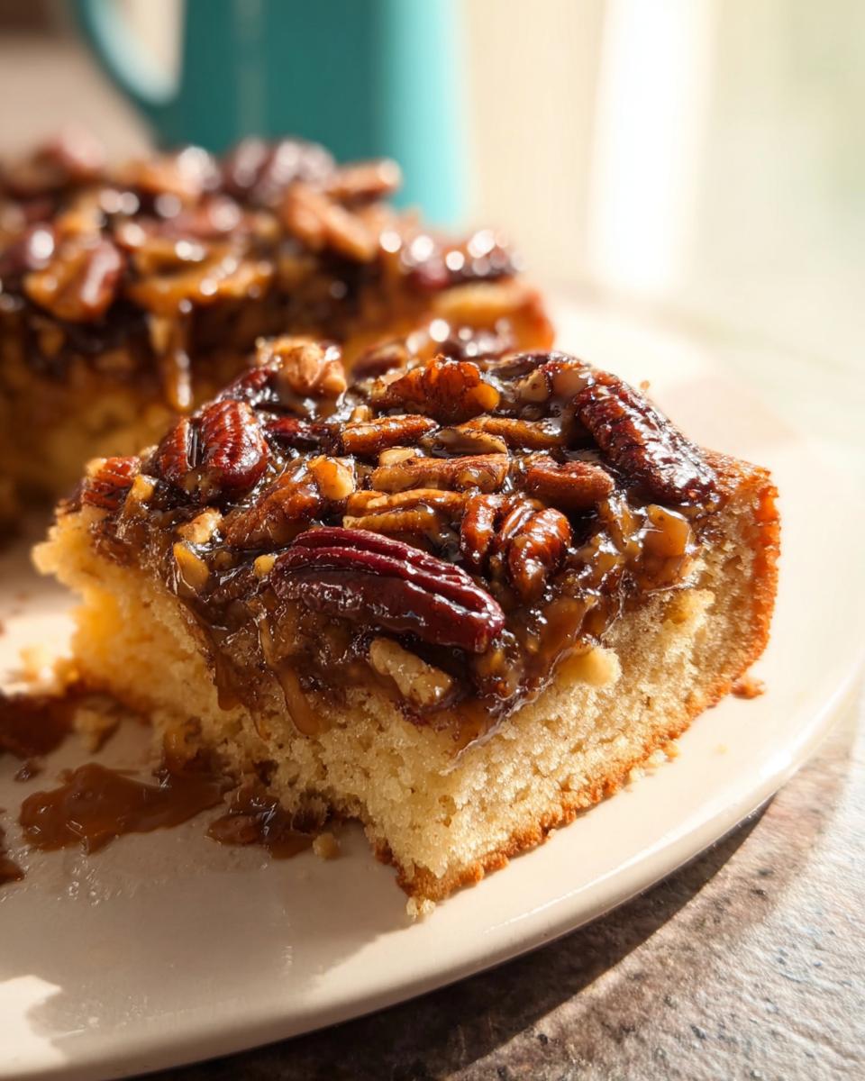 A slice of moist pecan cake topped with a glossy caramel pecan glaze, perfect for busy weeknights.