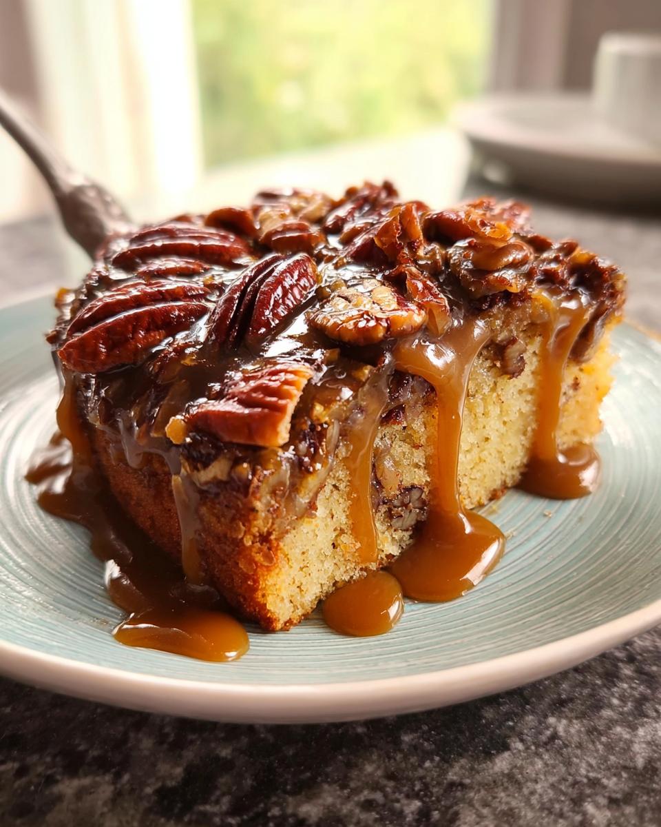 A slice of pecan caramel cake, drizzled with rich caramel sauce and topped with pecans. A perfect cake idea for busy weeknights.