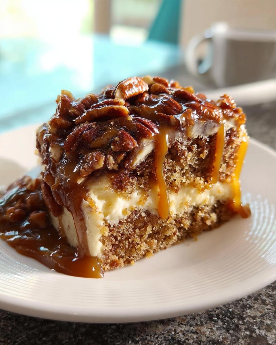 A delicious slice of pecan caramel cake with creamy frosting and a drizzle of caramel sauce.