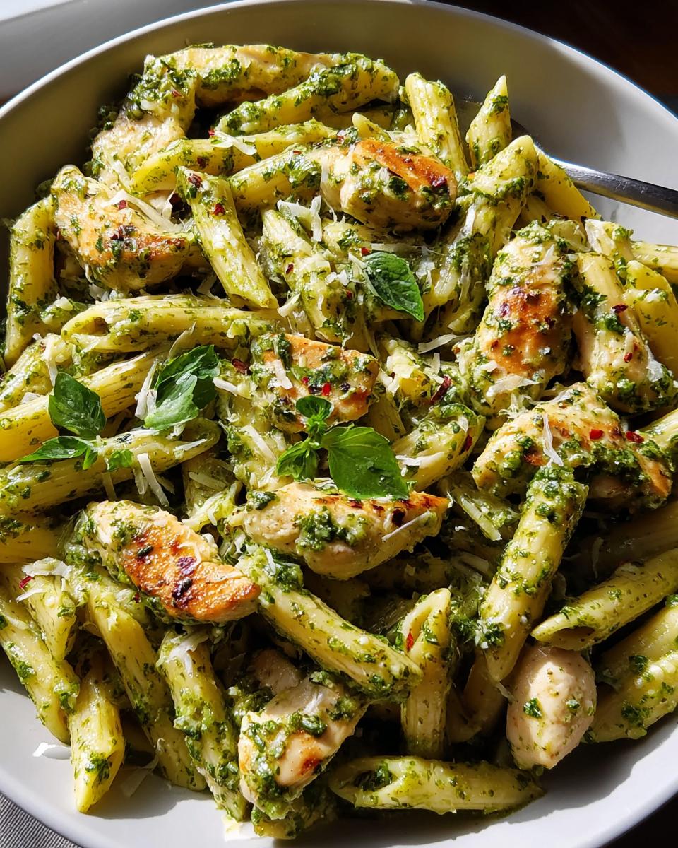 A close-up of penne pasta tossed with grilled chicken pieces and vibrant green pesto sauce, a delicious chicken recipe.