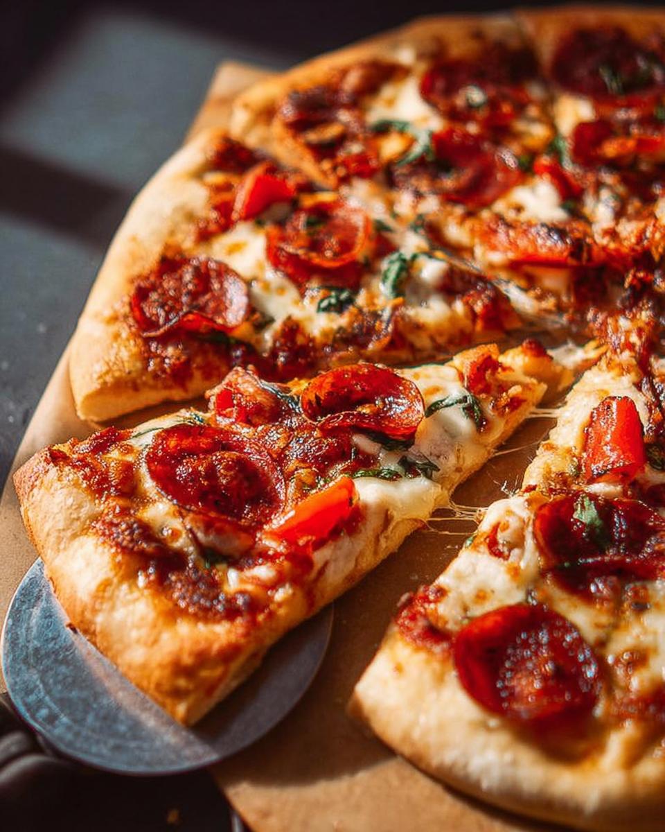 A close-up of a freshly baked pepperoni pizza, with a slice being lifted, showcasing melted cheese and crispy pepperoni.