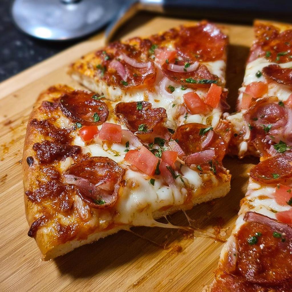 Close-up of a pepperoni pizza slice with melted cheese, tomatoes, and onions, perfect for pizza night.